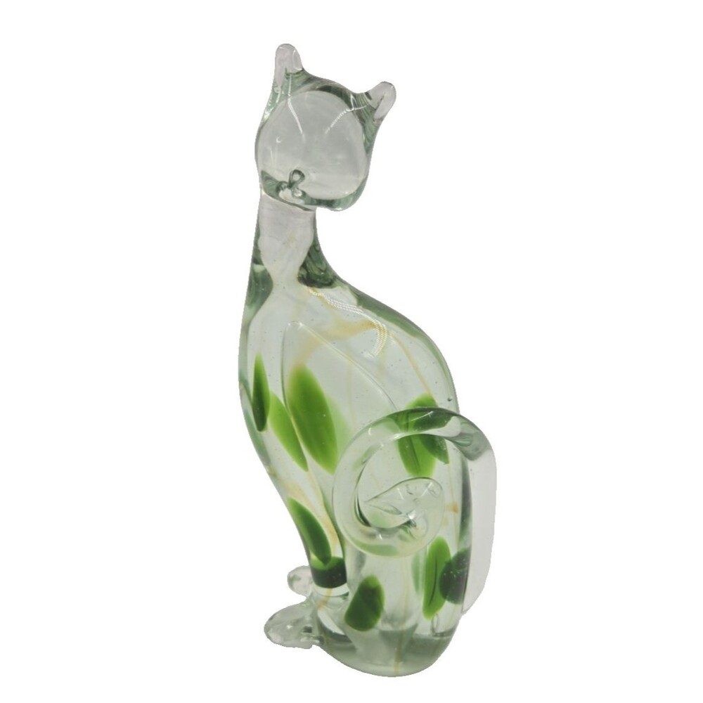 Murano Art Glass Cat Figurine Sommerso Green Spots Hand Made in Murano Italy